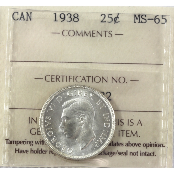 25-cent 1938 ICCS MS65