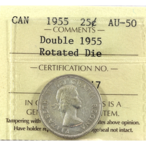 25-cent 1955 Double 1955, Rotated Die ICCS AU50