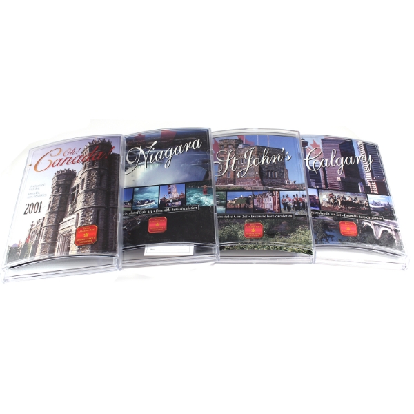 2001 Oh! Canada- Boutique, Niagara, St. John's & Calgary Uncirculated Coin Sets. 4 sets.