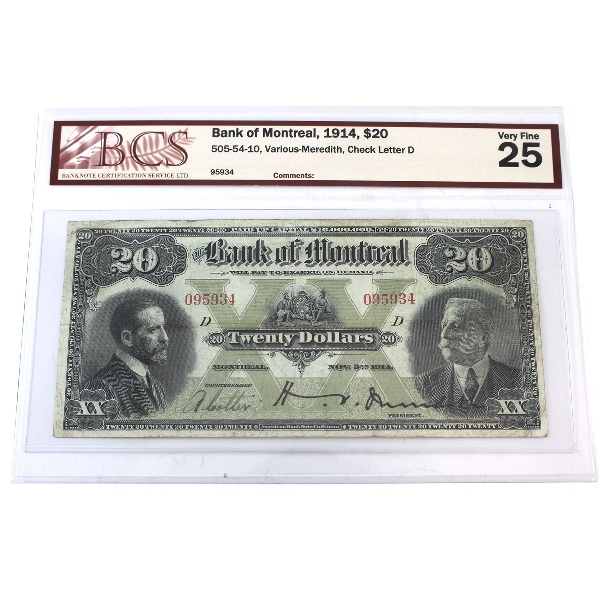505-54-10 1914 $20 Bank of Montreal BCS VF25 Various-Meredith Check Letter D SN: 95934