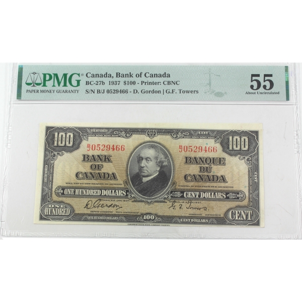 BC-27b 1937 $100 PMG AU55 Gordon-Towers SN: B/J0529466