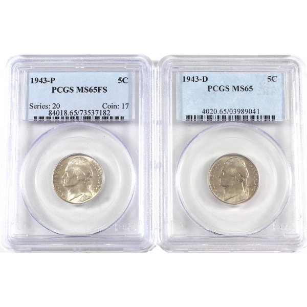 USA 1943P FS & 1943D Jefferson Nickels PCGS MS65. 2pcs.