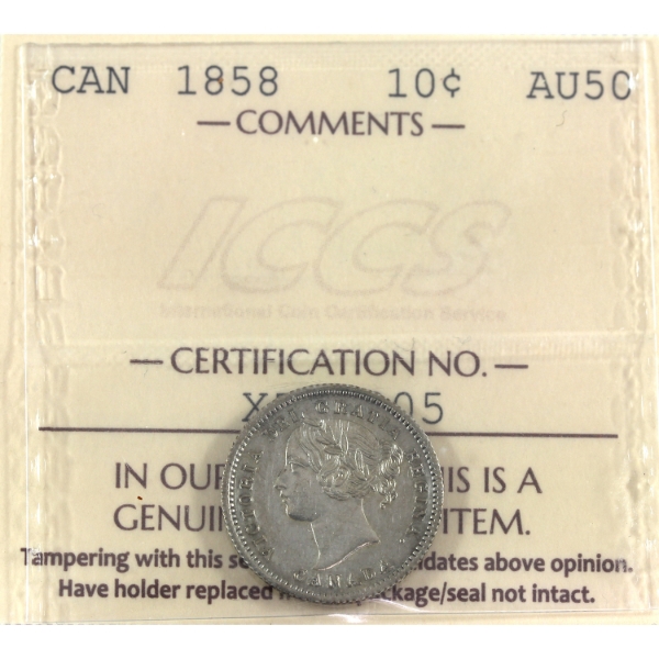 10-cent 1858 ICCS AU50 