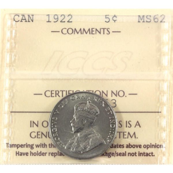 5-cent 1922 Near Rim ICCS MS62