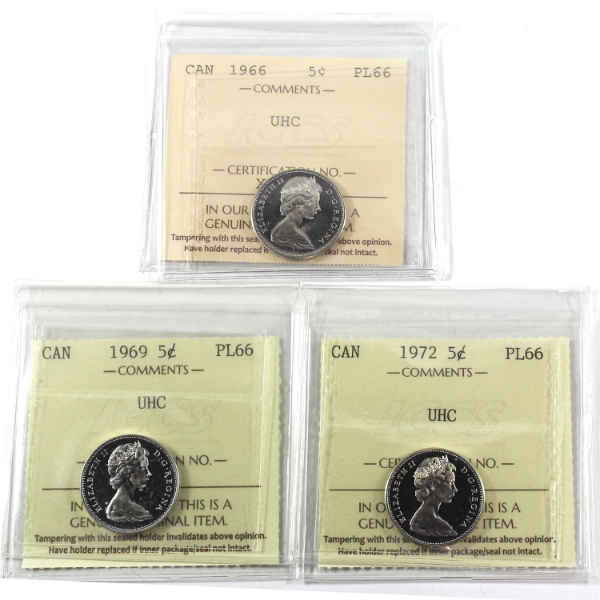 5-cent 1966, 1969, & 1972 ICCS PL66 Ultra Heavy Cameo. 3pcs.