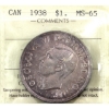 Image 1 : Silver $1 1938 ICCS MS65. Gorgeous Lilac Tones Throughout
