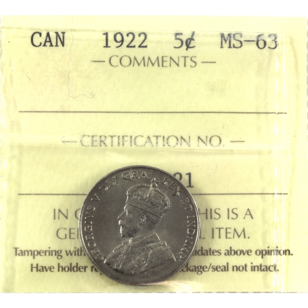 5-cent 1922 Near Rim ICCS MS63