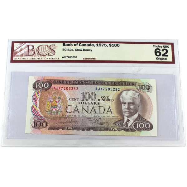 BC-52b 1975 $100 BCS CUNC62 Original Crow-Bouey SN: AJK7205282