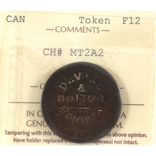 CH-MT-2A2 Devins & Bolton Montreal Merchant Token Counter-Stamped onto USA Cent ICCS F12