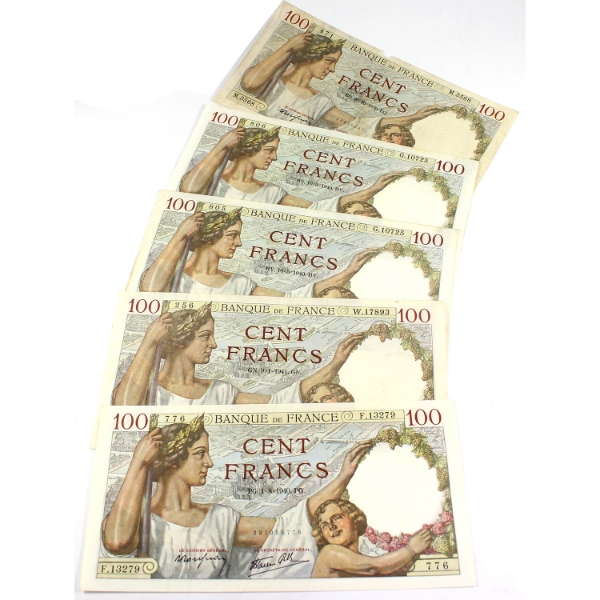 Group Lot France 1939-1941 Bank of France 100 Francs Banknotes. 5pcs