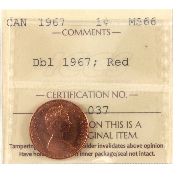 ERROR 1-cent 1967 Doubling 1967 ICCS MS66 Red