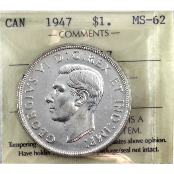 Silver $1 1947 Pointed 7 ICCS MS62