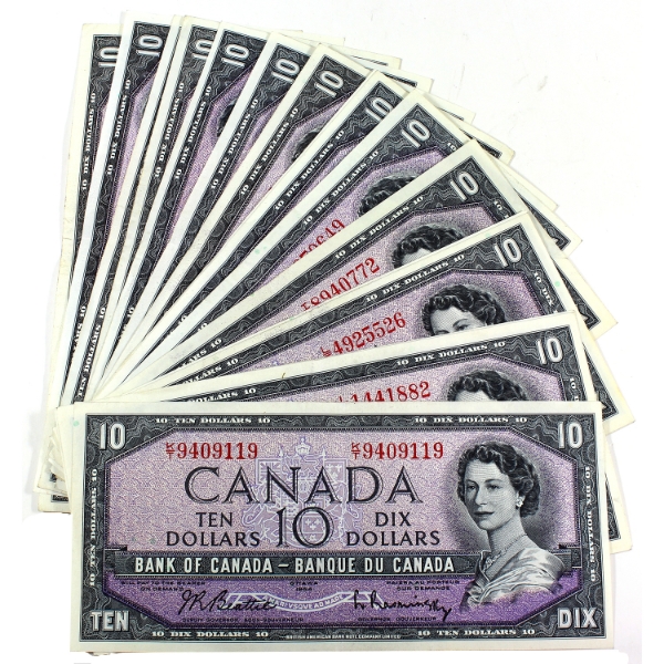 Group Lot of 18x 1954 $10 Bank of Canada Notes. 18pcs