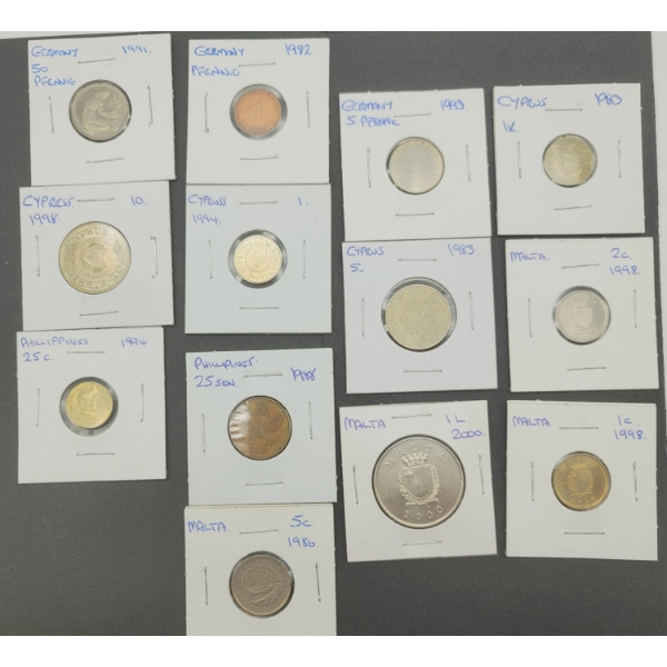 13 COINS from Malta, Cyprus, Germany & Phillipines 