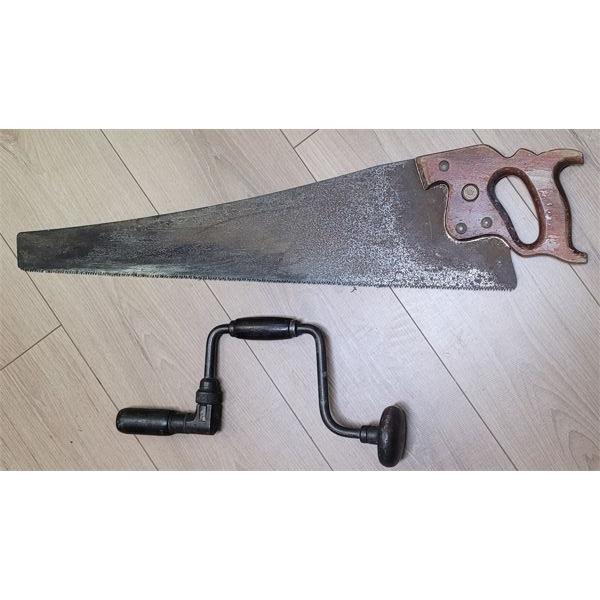 Vintage Long Hand Saw and Drill Brace