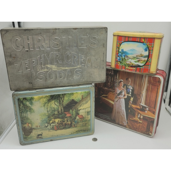 4 Large Product Advertising Tins United, Christies, Elkes Biscuits & Waller & Hartley Toffees