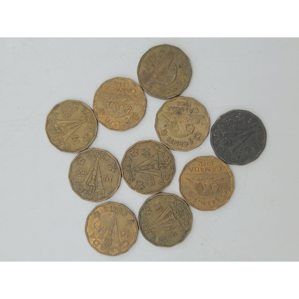 10 Early Canada Five Cent Coins 1942x4, 43x5, & 45