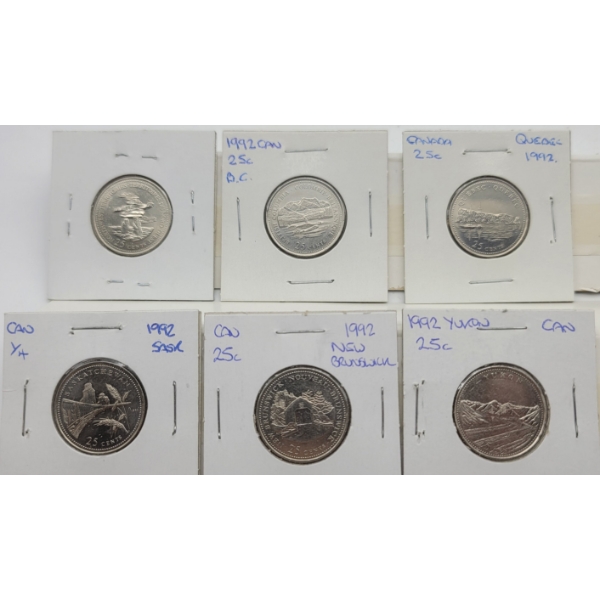6 Canada 25 Cent 1992 Provinces Coins Sask, BC, NWT, Que, NB. & Yuk.