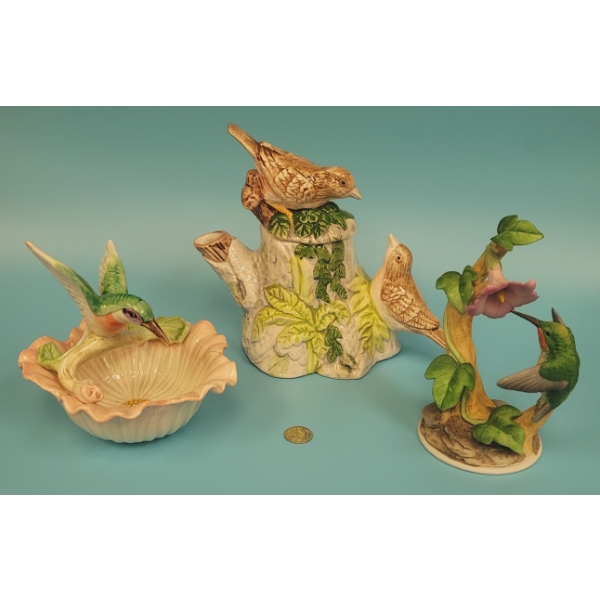 3 Ceramic Items with Birds, Teapot, Bowl and Figurine
