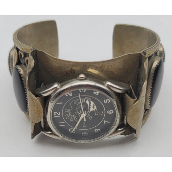 NAVAJO Tino Watch with Black Malachite Stones Metal Bracelet Cuff Possible Silver