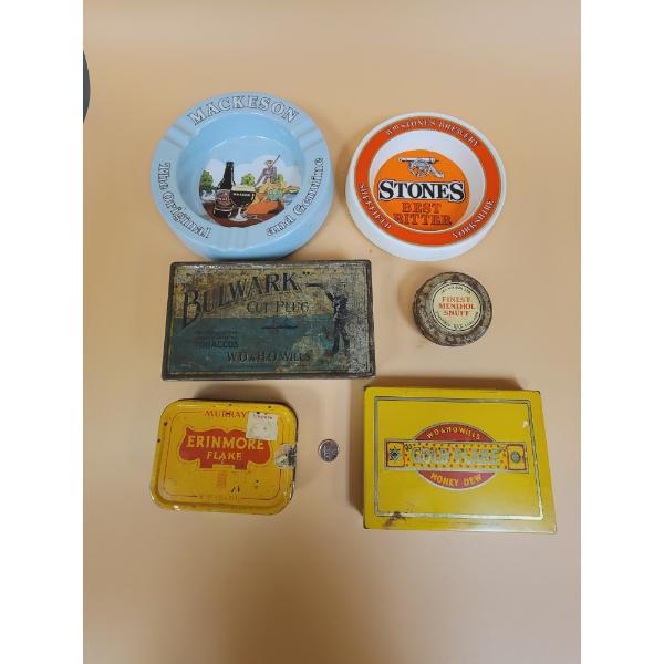 3 TOBACCO TINS  & 2 BEER ASHTRAYS