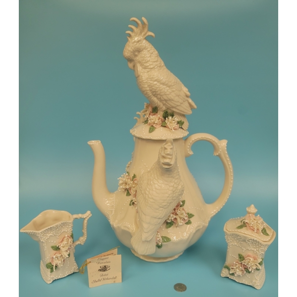 Ornate Porcelain Cockatoo Coffee Pot with Creamer & Sugar Bowl Artist Shellie Kirkendall