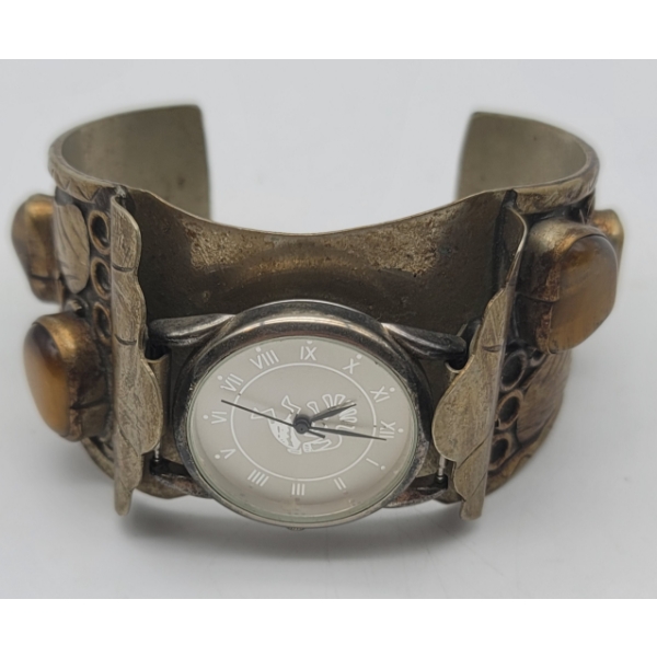 NAVAJO Tino Watch with Amber Stones Metal Bracelet Cuff Possible Silver