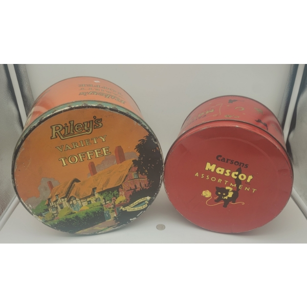2 Large Product Advertising Tins Riley's Variety & Carsons Mascot Toffees