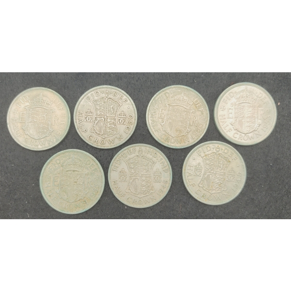 7 British Half Crown Coins 1948, 49, 50, 53, 55, 56 & 63