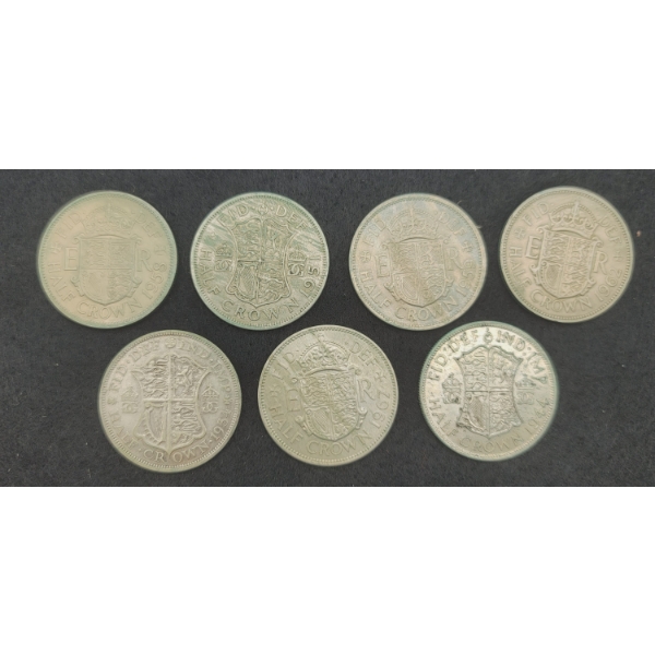 7 British Half Crown Coins 1948, 49, 50, 53, 55, 56 & 63