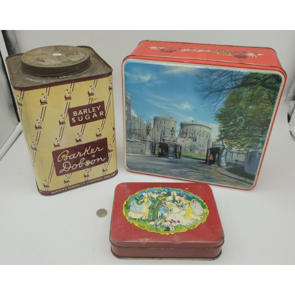 3 Large Product Advertising Tins Barker Dobson Barley Sugar & Peak Frean Biscuits