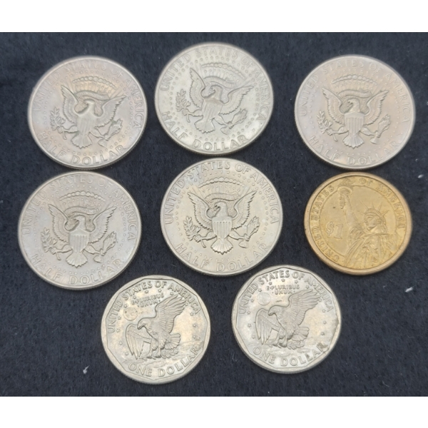 8 USA One Dollar & Half Dollar Coins
