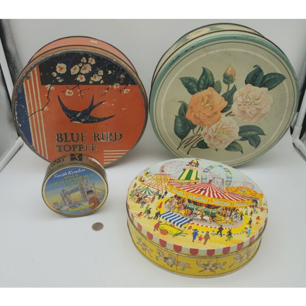 4 Large Product Advertising Tins Huntley Palmer, Peak Frean Biscuits, Smith Kendon Sweets & Bluebird
