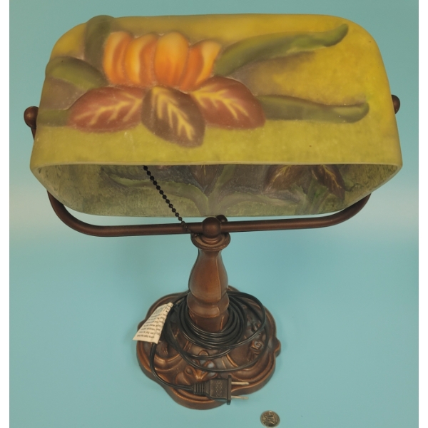 Working Ornate Desk Lamp Glass Shade & Metal Base