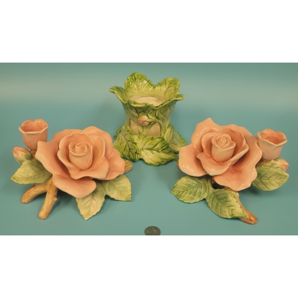 3 Ceramic Flower Candle Stick Holders F F Japan