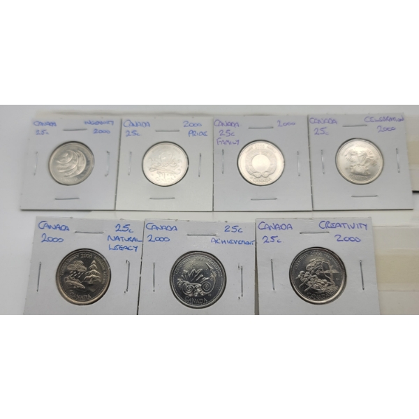 7 Canada 2000 25 Cent Coins Celebration, Achievement, Creativity, Family, Pride, Ingenuity & Natural