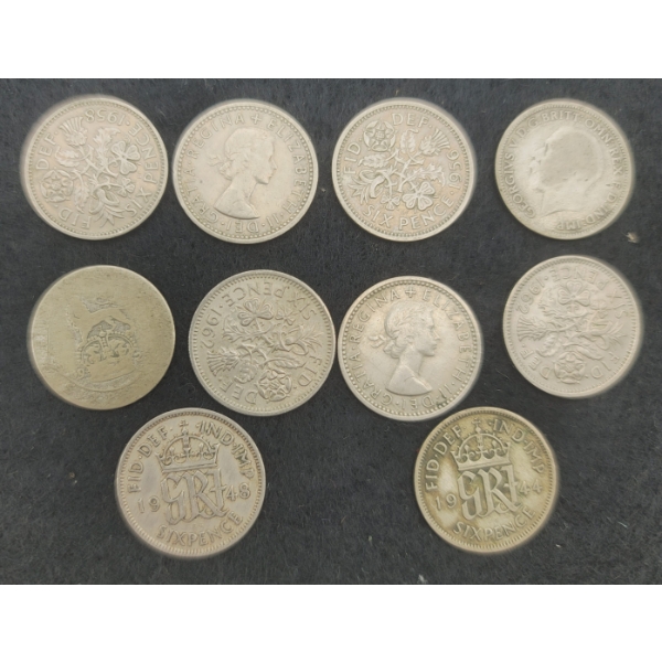 10 British Six Pence Coins 1925, 33, 44, 48, 56, 58, 58, 60, 62 & 62