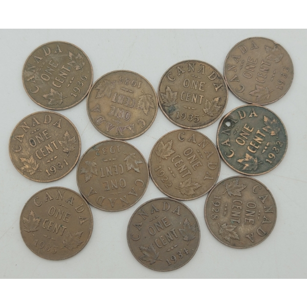 11 Early Canada One Cent Penny Coins 1922, 28, 31, 32x3, 34, 35x3 & 36