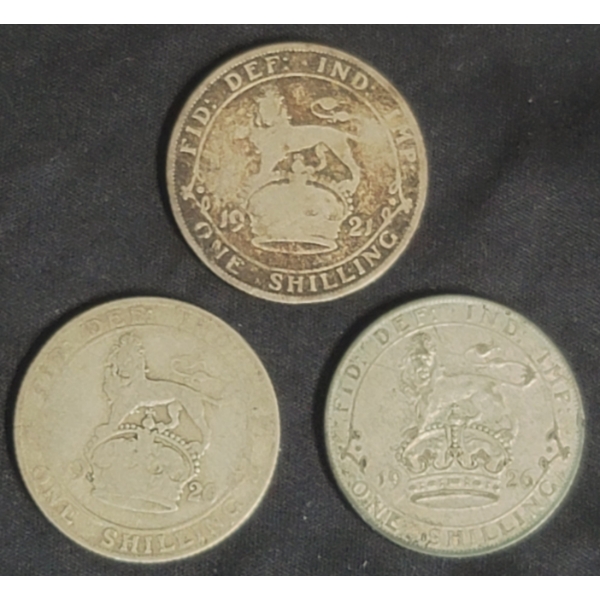 3 Silver Early British One Shilling Coins 1921, 1926 x 2