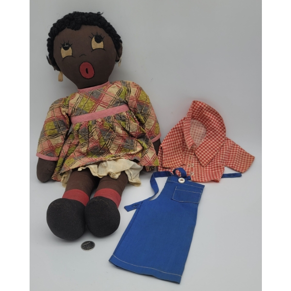 Vintage BROWN FACED RAG DOLL with Cloths