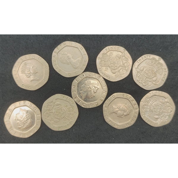 9 British 20 Pence Coins