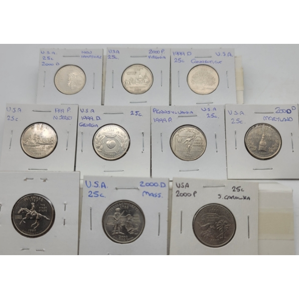 10 US States 25 Cent Coins 1999 - 2000