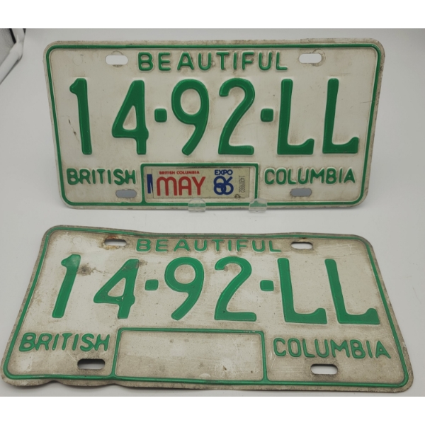 PAIR of Same Number GREEN BRITISH COLUMBIA LICENSE PLATES