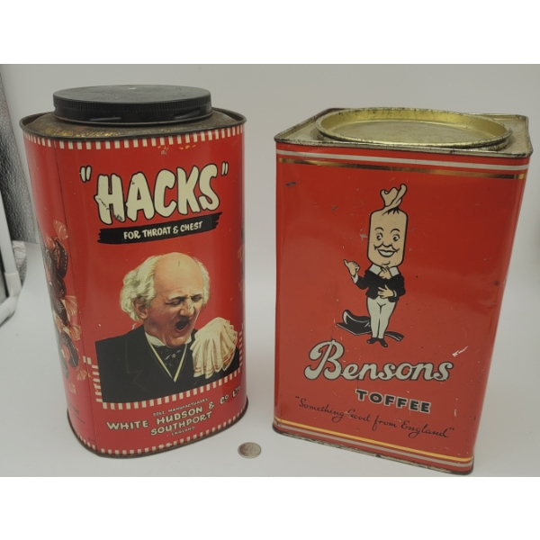2 Large Product Advertising Tins Hacks & Bensons Toffees