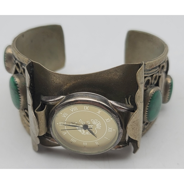 NAVAJO Tino Watch with Blue/Green Malachite Stones Metal Bracelet Cuff Possible Silver