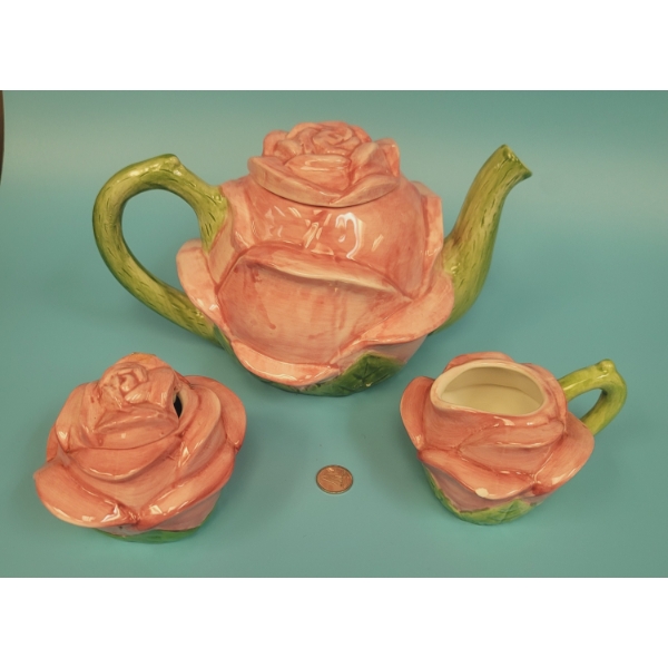 Ceramic Rose Bud Tea Pot with Creamer and Sugar Bowl