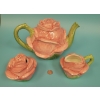 Image 1 : Ceramic Rose Bud Tea Pot with Creamer and Sugar Bowl