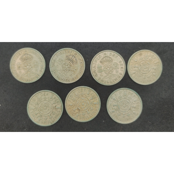 7 British Two Shilling Coins 1947, 48, 50, 56, 57, 62 & 65