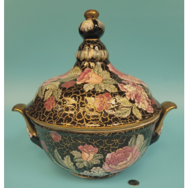 Vintage Chinese Family Lidded Soup Bowl with Faces on Handles