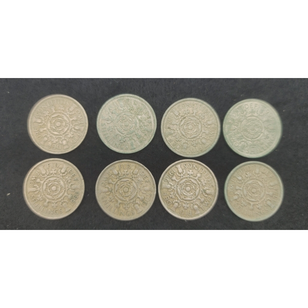 8 British Two Shilling Coins 1953, 54, 56, 60, 60, 63, 66 & 67